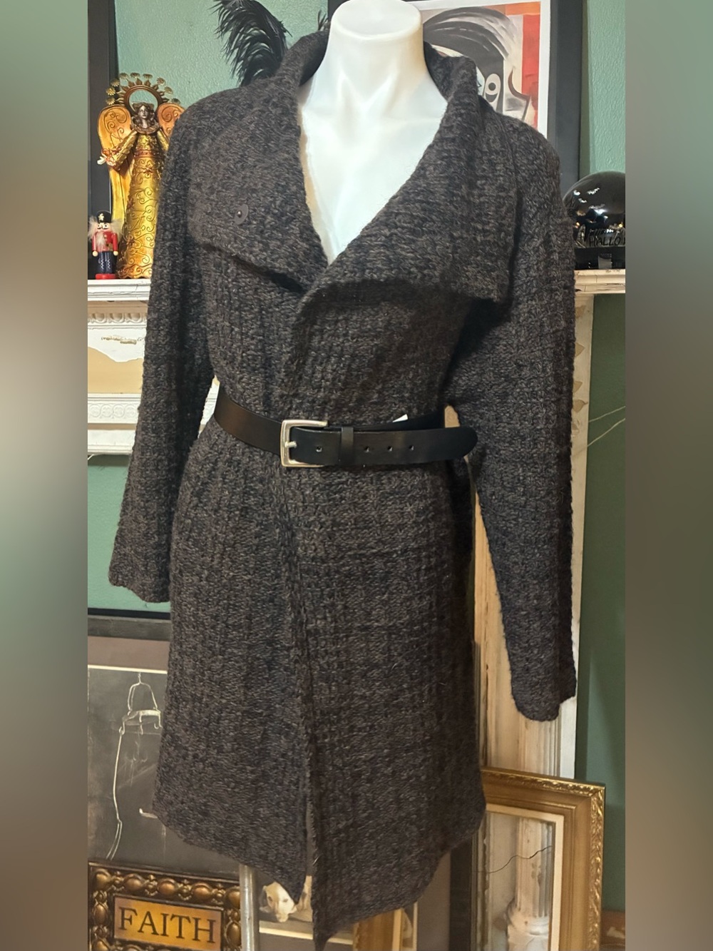 Eileen Fisher brown marled organic wool & Alpaca sweater (minus belt)-L